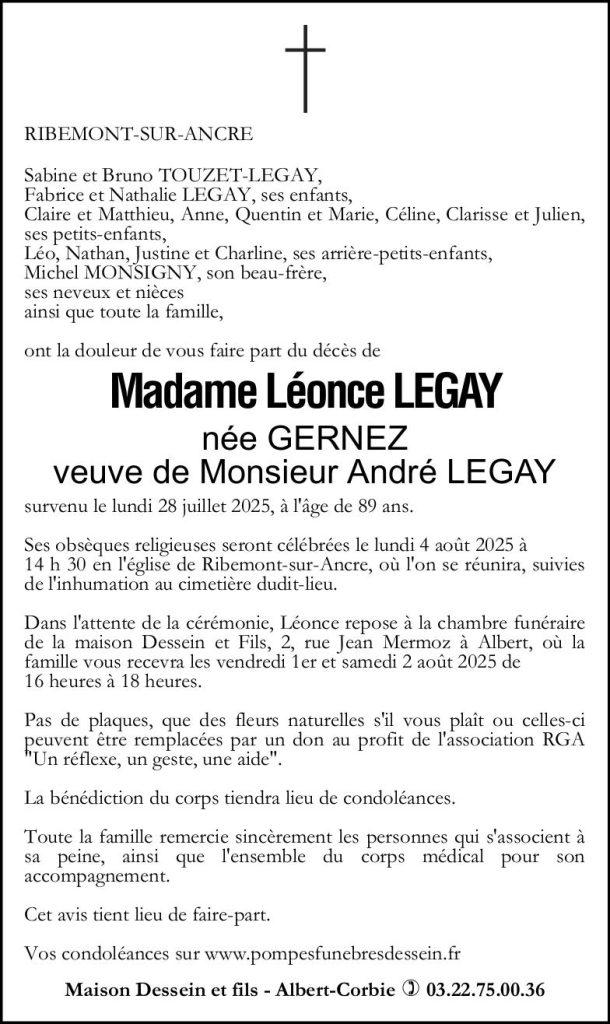 avis de décès de Madame Léonce LEGAY née GERNEZ