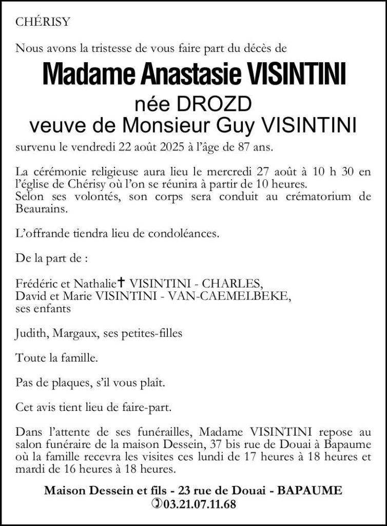 Avis de décès - Madame Anastasie VISINTINI née DROZD