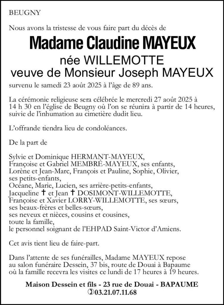Avis de décès - Madame Claudine MAYEUX née WILLEMOTTE