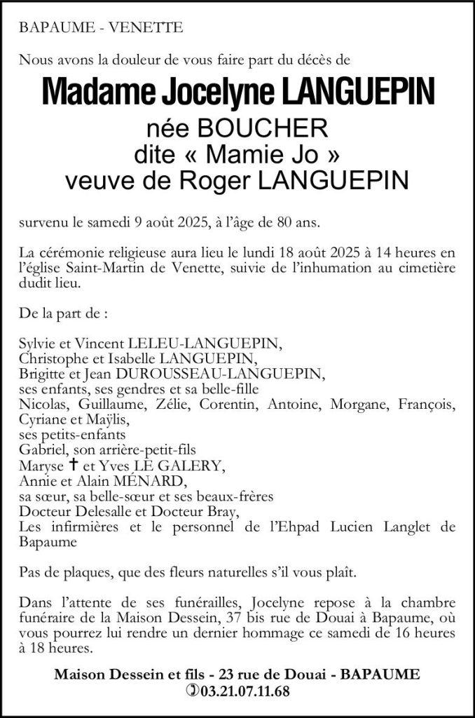 Avis de décès - Madame Jocelyne LANGUEPIN née BOUCHER