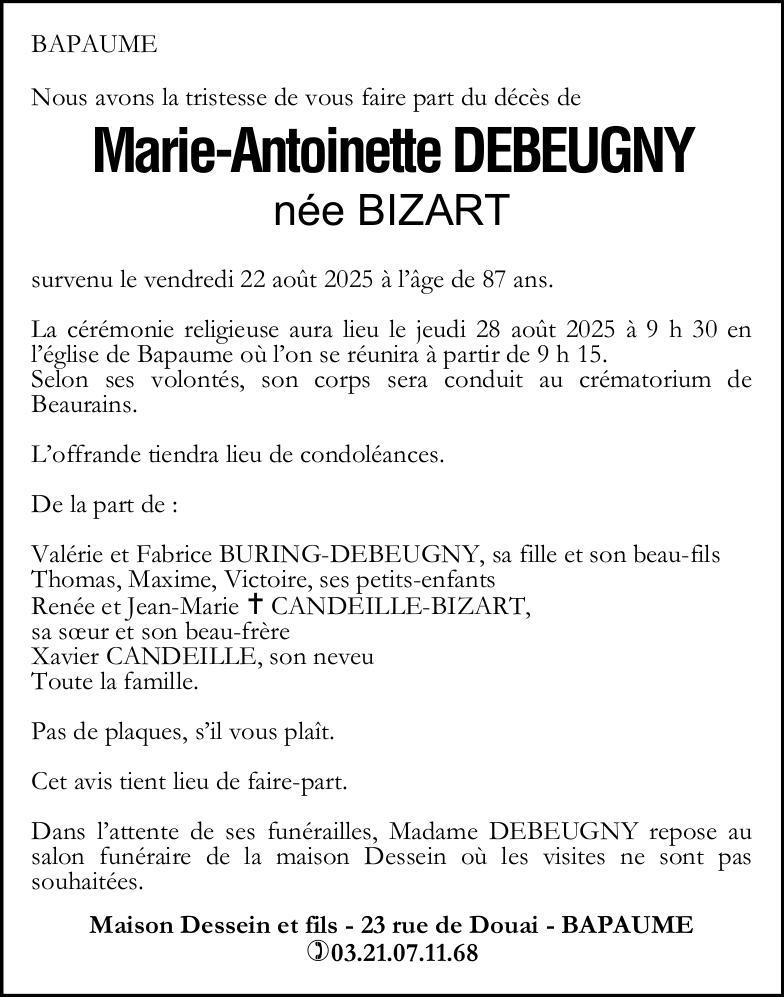 Avis de décès - Madame Marie-Antoinette DEBEUGNY née BIZART