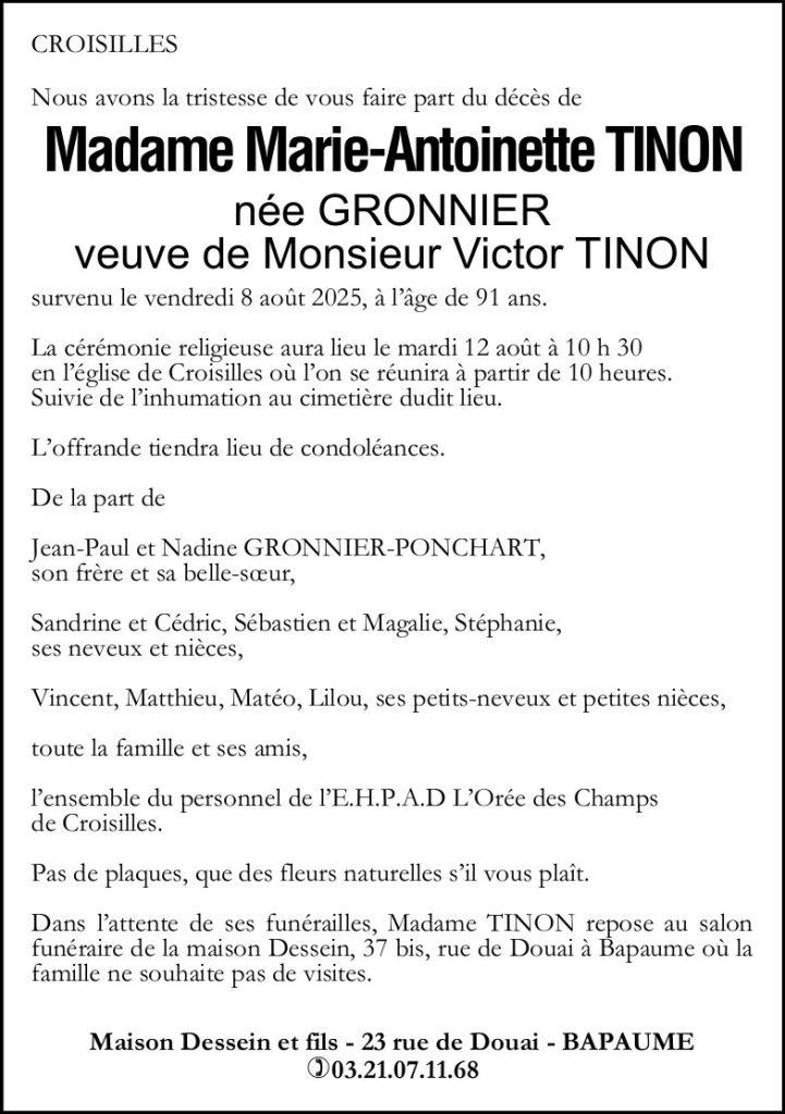 Avis de décès - Madame Marie-Antoinette TINON née GRONNIER