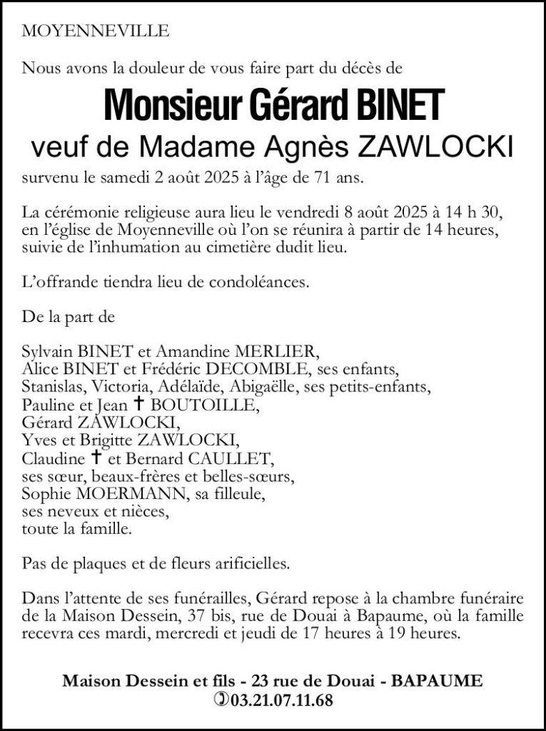 Avis de décès - Monsieur Gérard BINET
