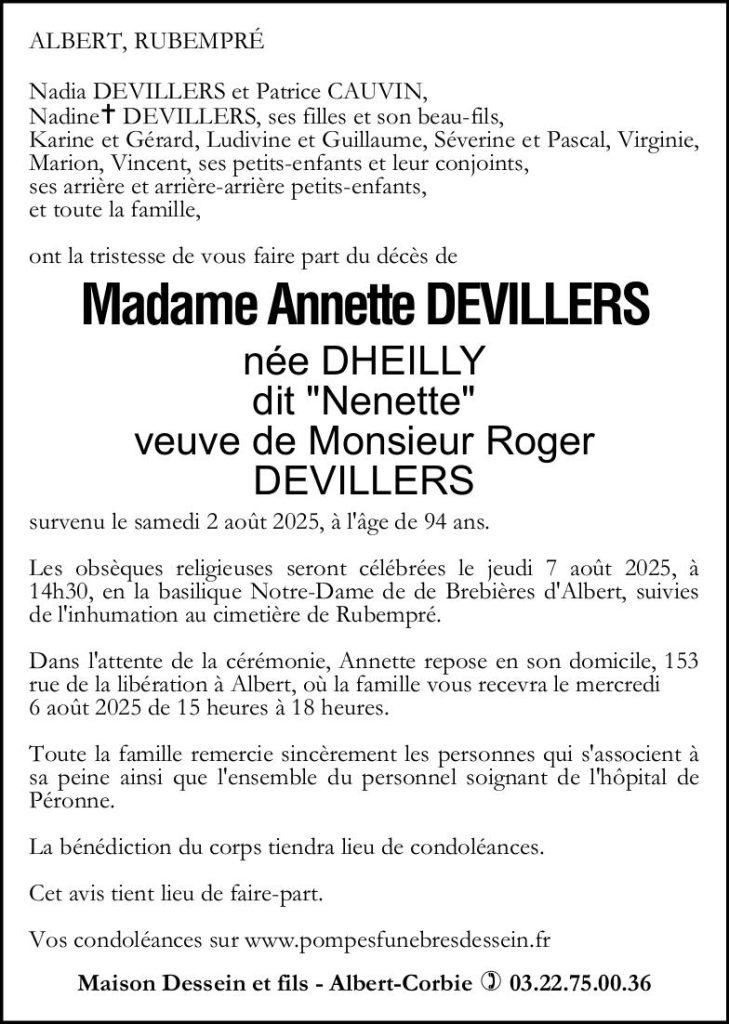 Avis de décès de Madame Annette DEVILLERS née DHEILLY