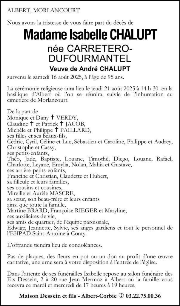Avis de décès de Madame Isabelle CHALUPT née CARRETERO-DUFOURMANTEL