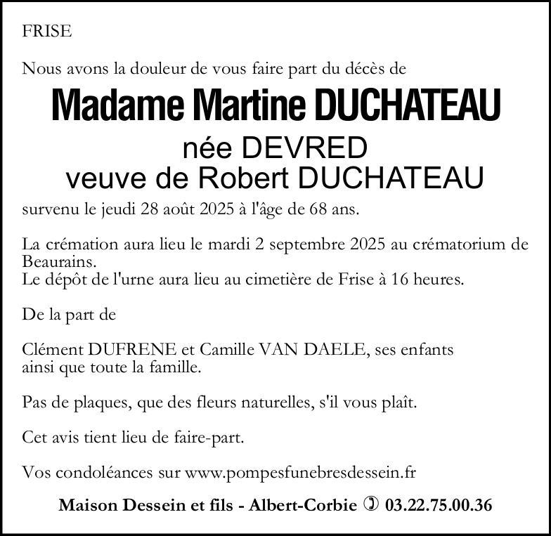 Avis de décès de Madame Martine DUCHATEAU née DEVRED
