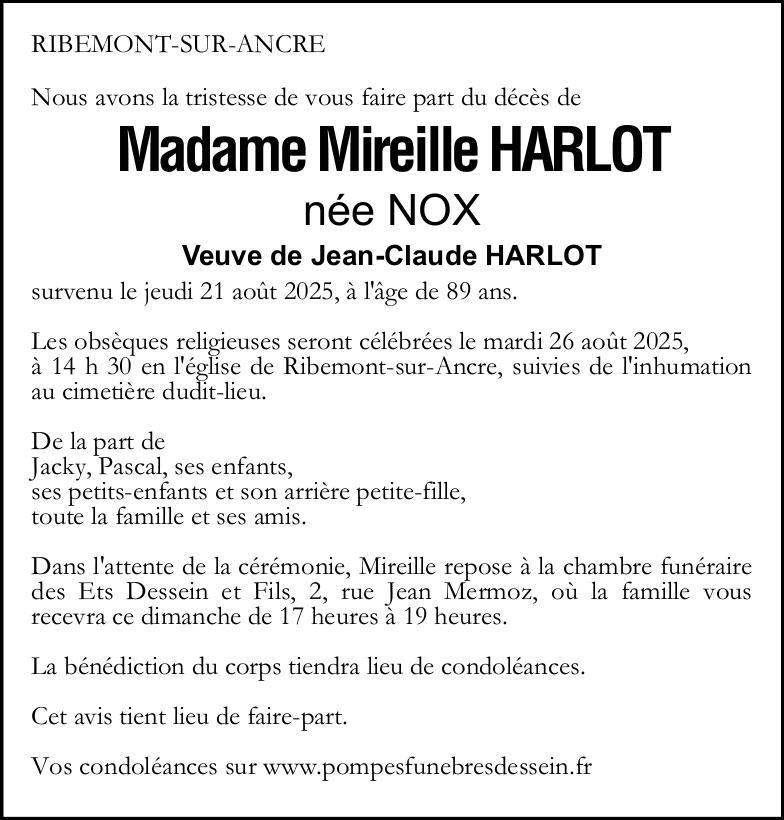 Avis de décès de Madame Mireille HARLOT née NOX
