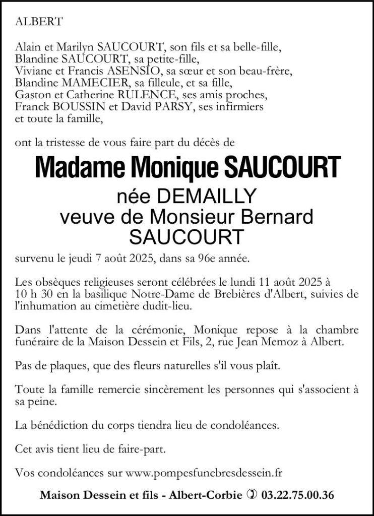 Avis de décès de Madame Monique SAUCOURT née DEMAILLY