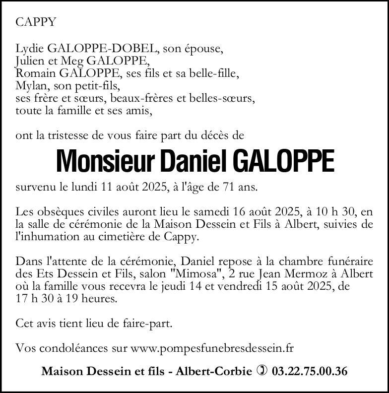 Avis de décès de Monsieur Daniel GALOPPE