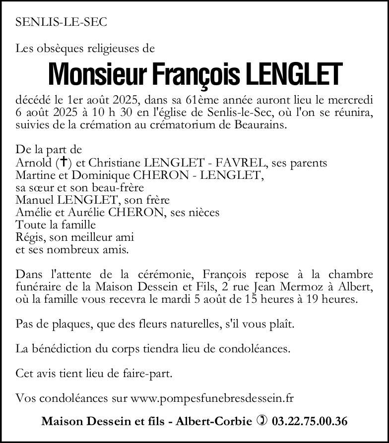 Avis de décès de Monsieur François LENGLET
