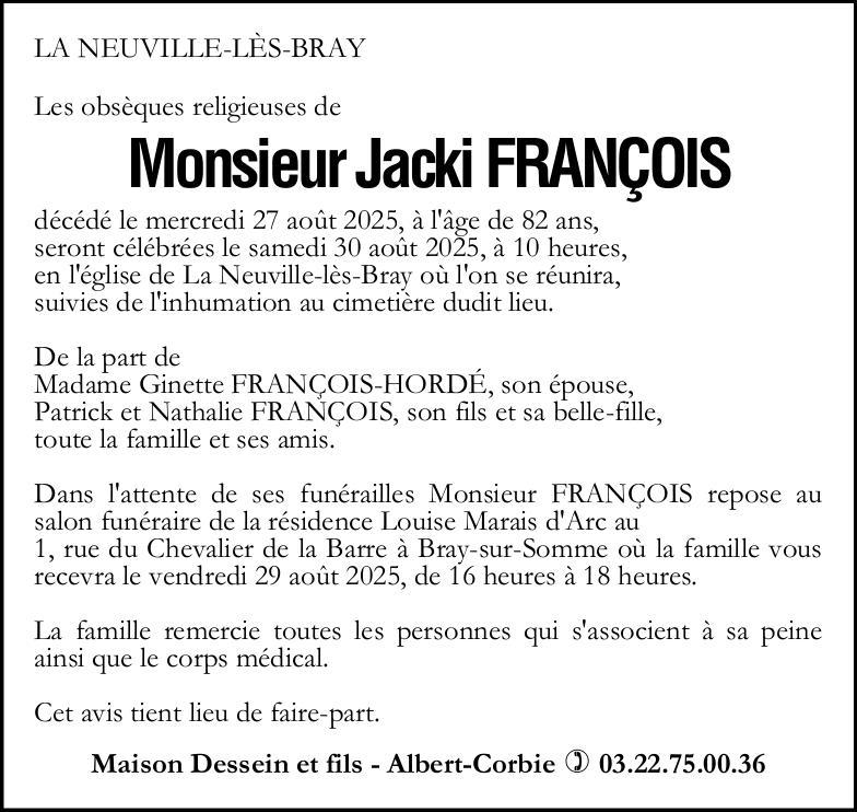 Avis de décès de Monsieur Jacki FRANÇOIS