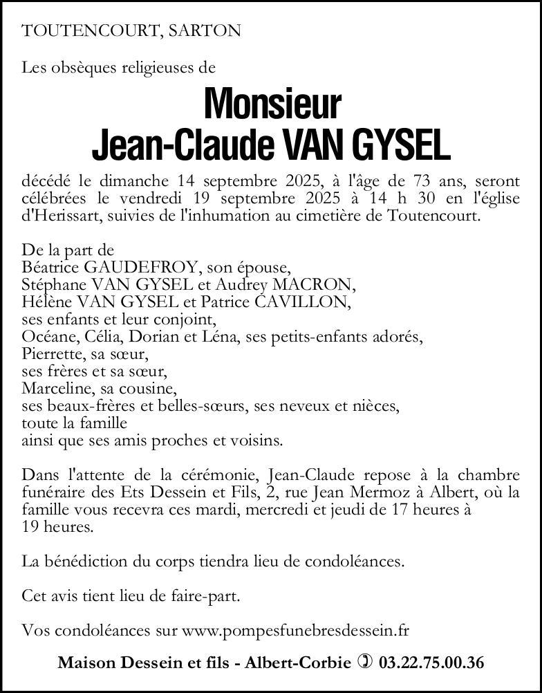 Avis de décès de Monsieur Jean-Claude VAN GYSEL