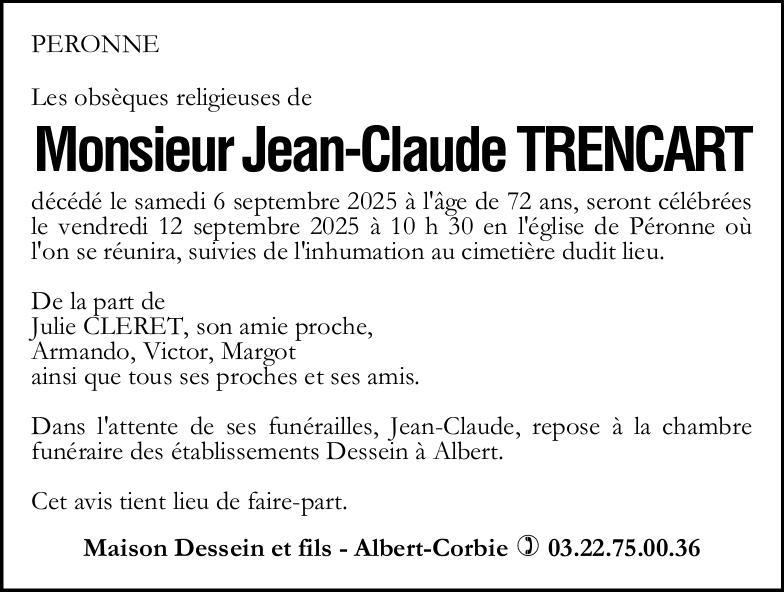 Avis de décès Jean-Claude TRENCART