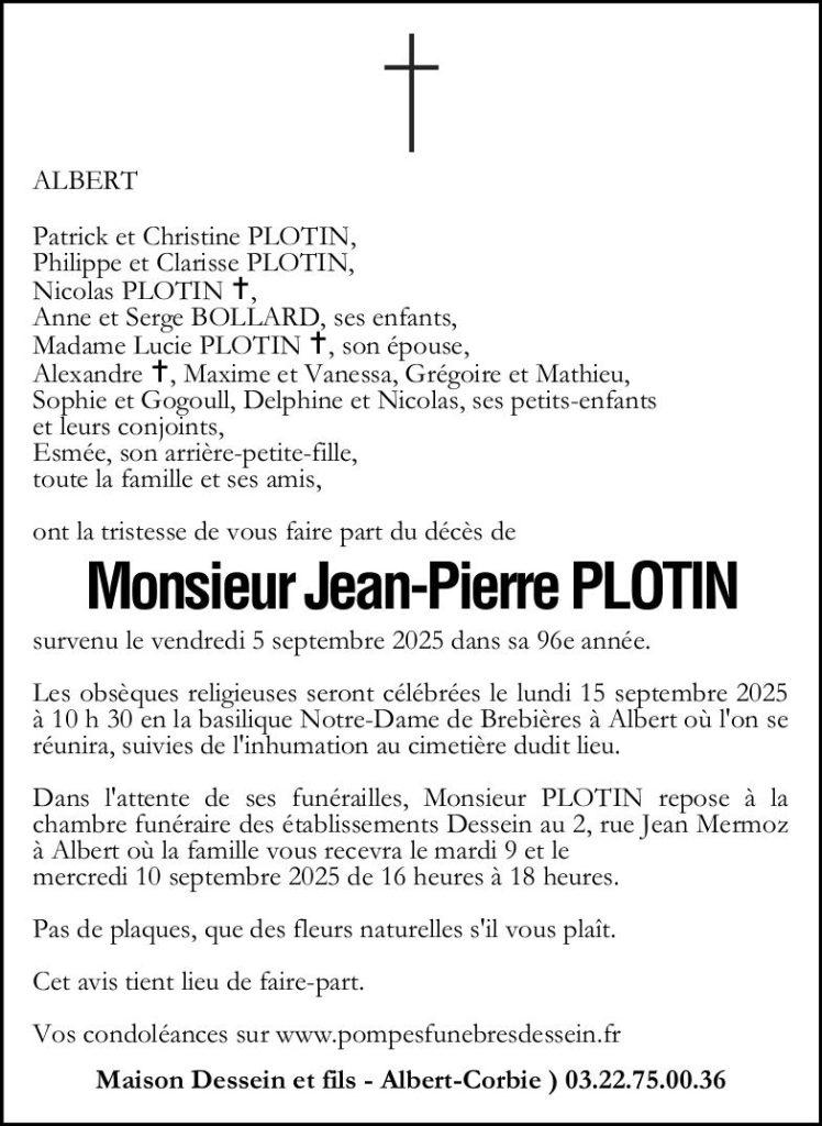 Avis de décès Jean-Pierre PLOTIN