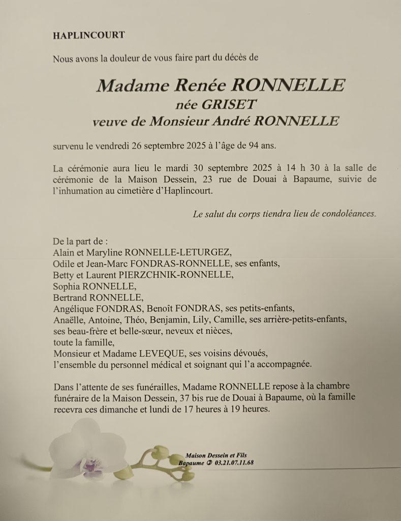 Avis de décès - Madame Renée RONNELLE née GRISET