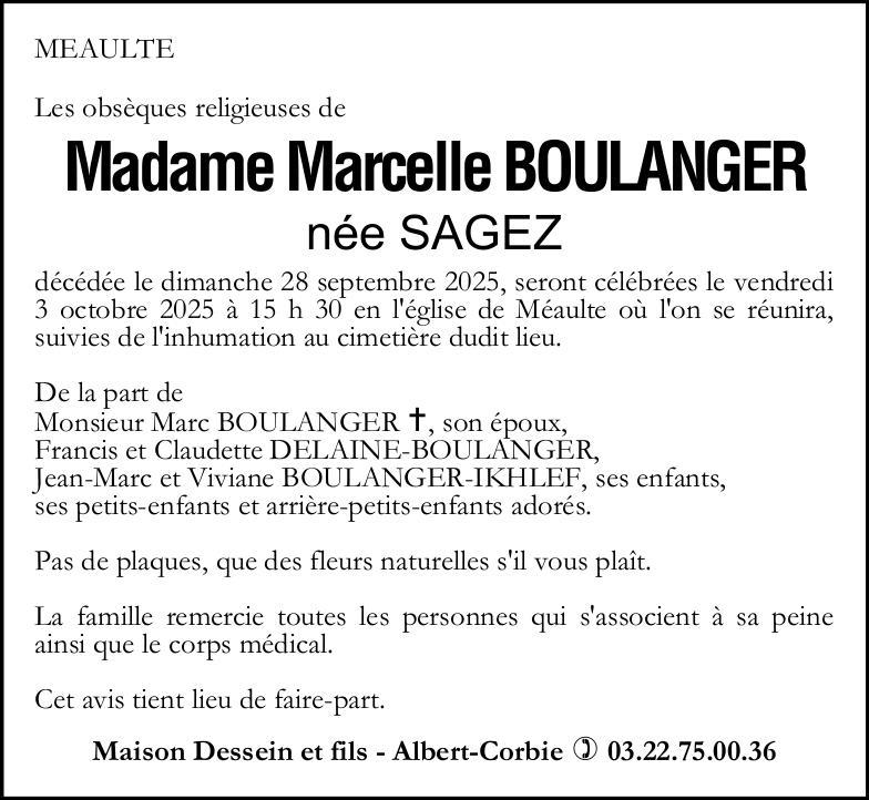 Avis de décès Marcelle BOULANGER