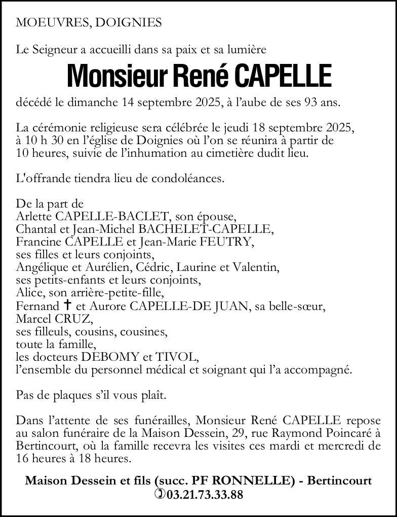 Avis de décès - Monsieur René CAPELLE