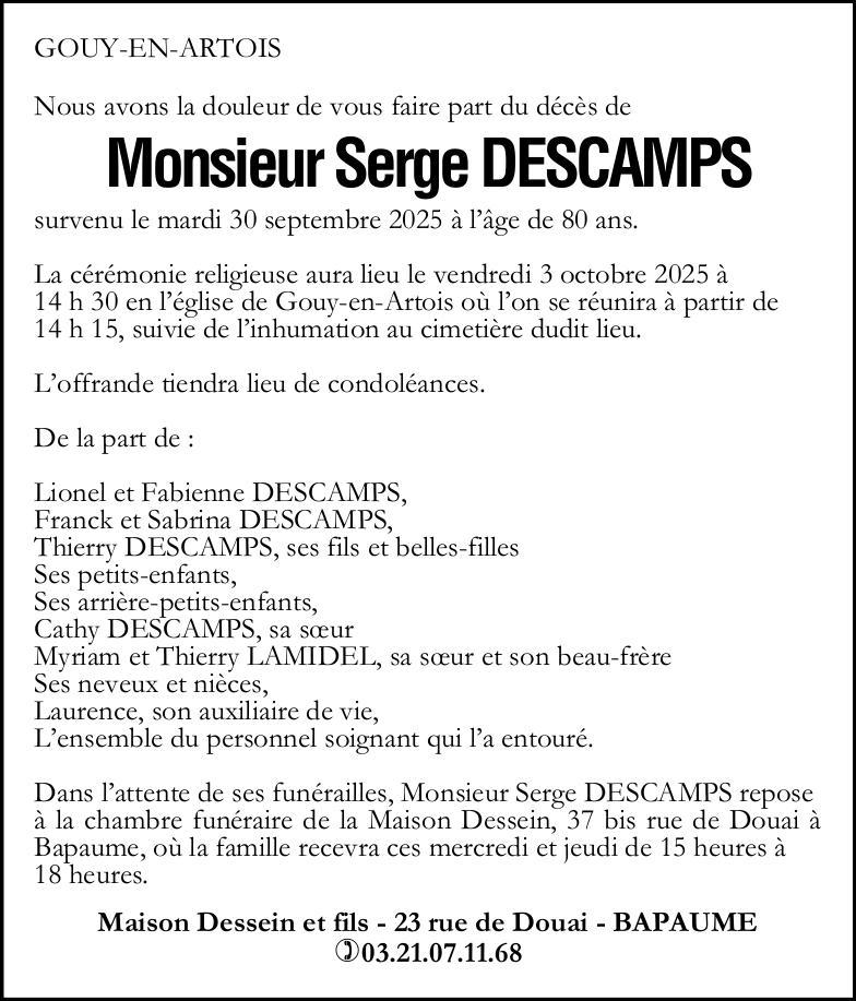 Avis de décès - Monsieur Serge DESCAMPS