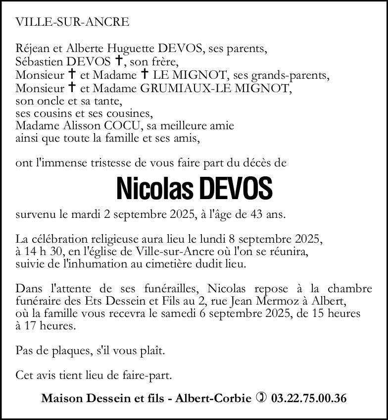 Avis de décès Nicolas DEVOS