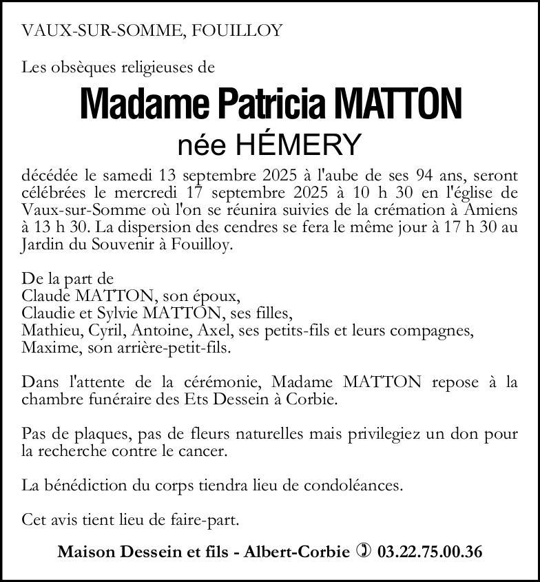 Avis de décès Patricia MATTON