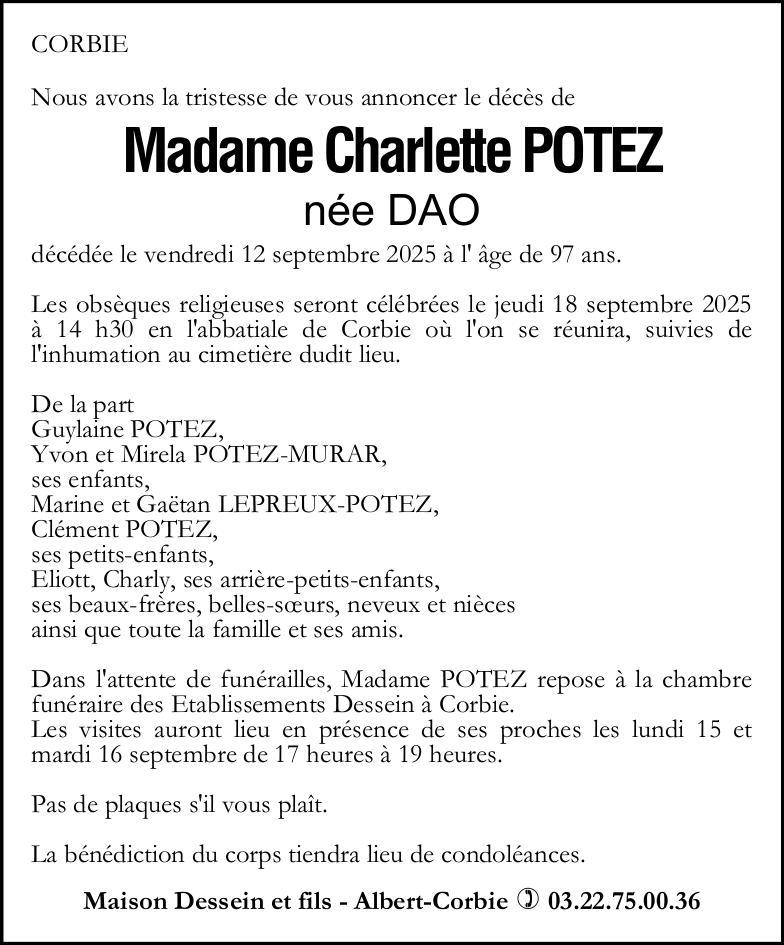 Avis de décès de Madame Charlotte POTEZ née DAO