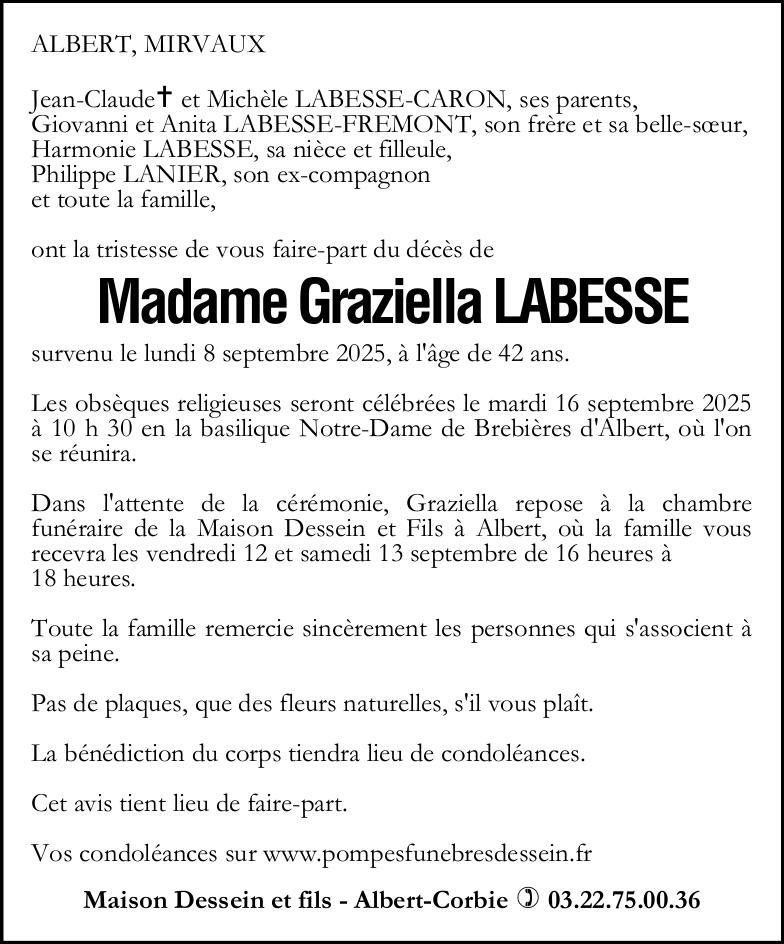 Avis de décès de Madame Graziella LABESSE