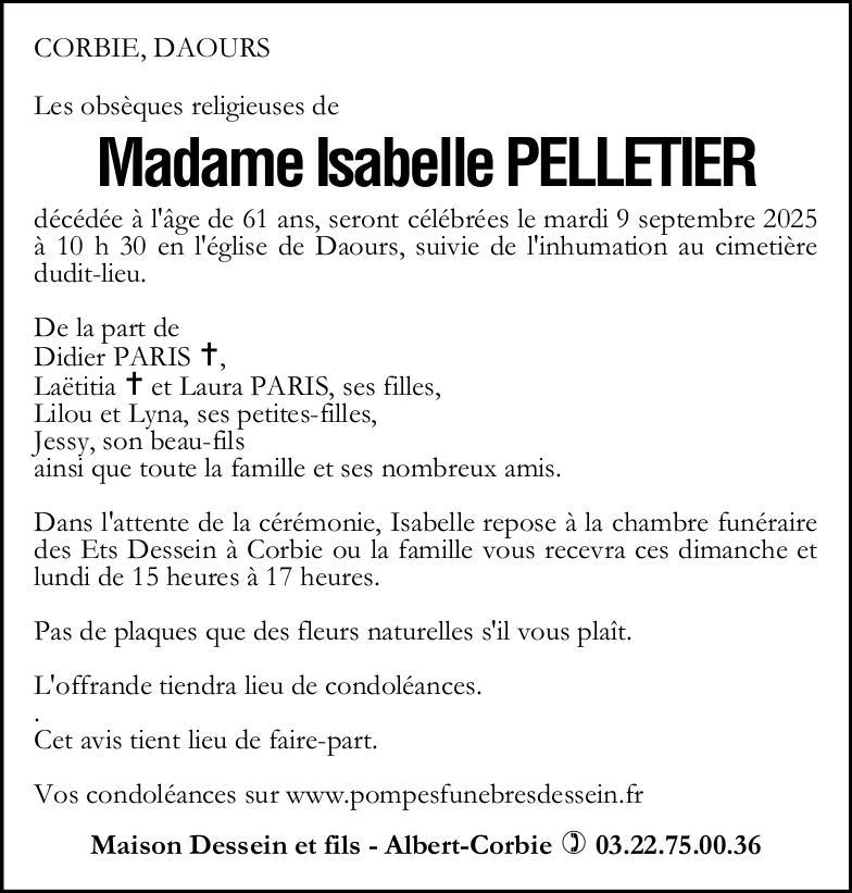 Avis de décès de Madame Isabelle PELLETIER
