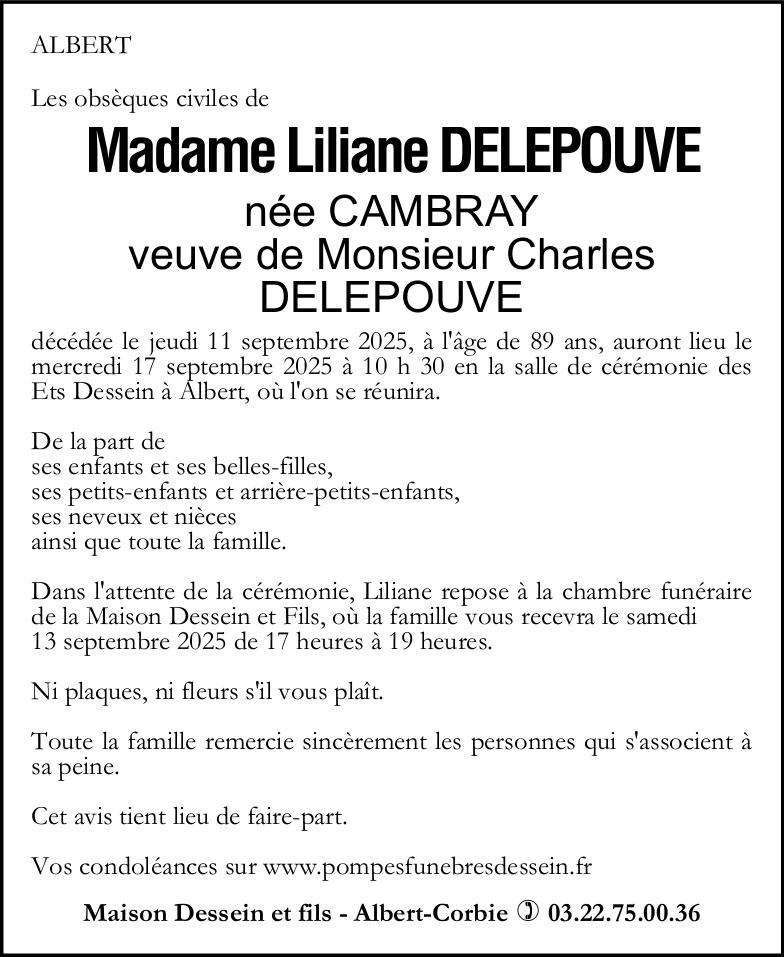Avis de décès de Madame Liliane DELEPOUVE née CAMBRAY