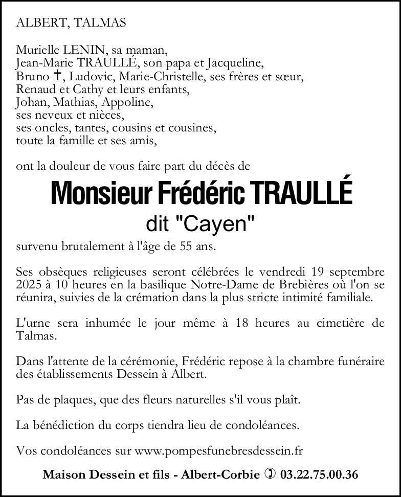 Avis de décès de Monsieur Frédéric TRAULLÉ