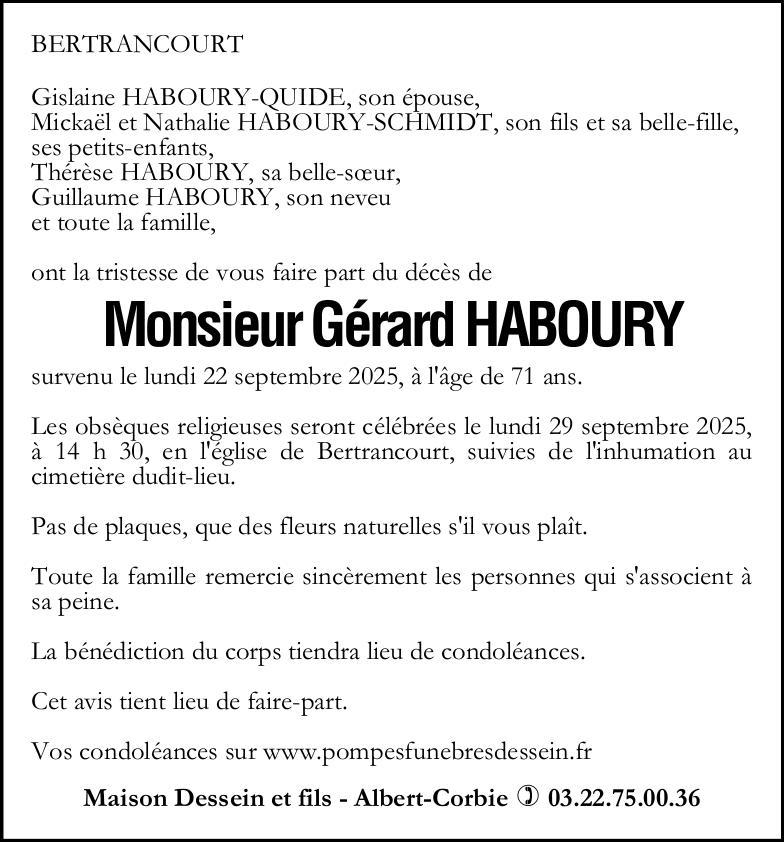 Avis de décès de Monsieur Gérard HABOURY