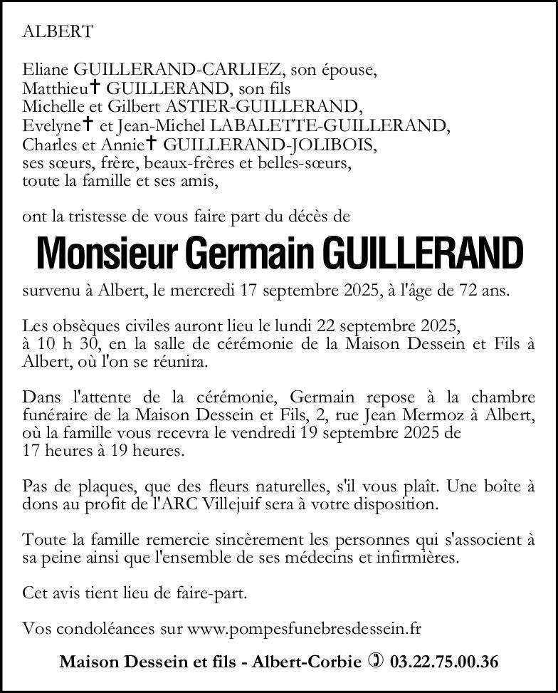Avis de décès de Monsieur Germaine GUILLERAND