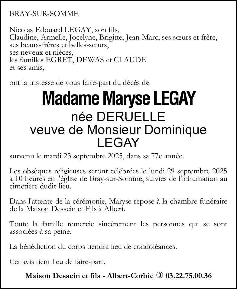Avis de décès de Monsieur Maryse LEGAY née DERUELLE