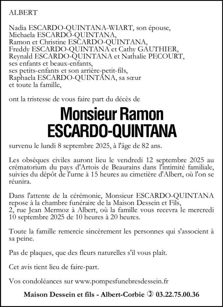 Avis de décès de Monsieur Ramon ESCARDO-QUINTANA