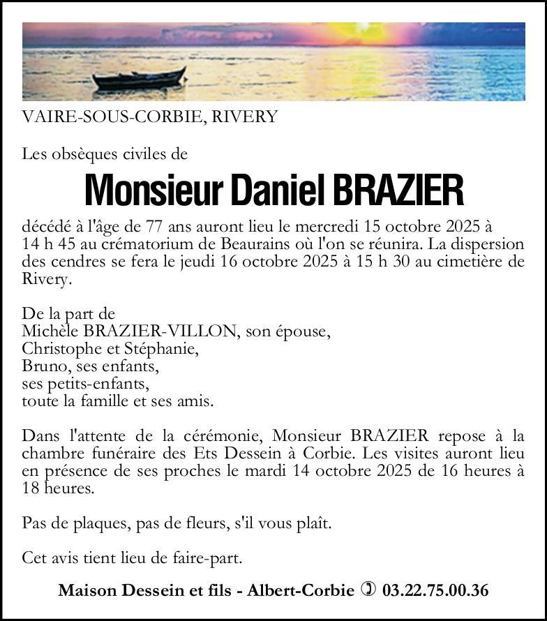Avis de décès Daniel BRAZIER