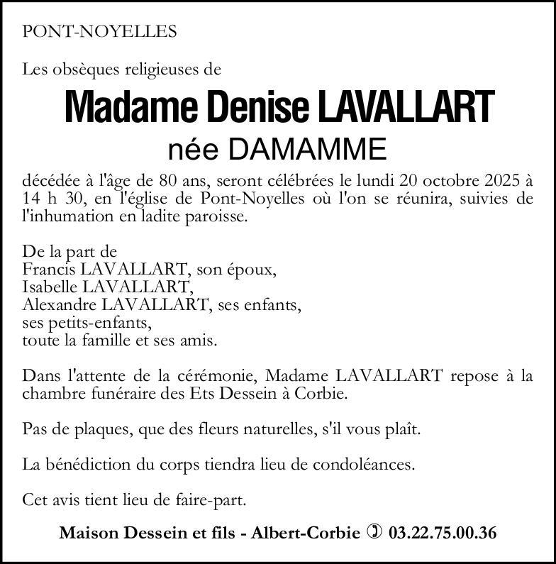 Avis de décès Denise LAVALLART