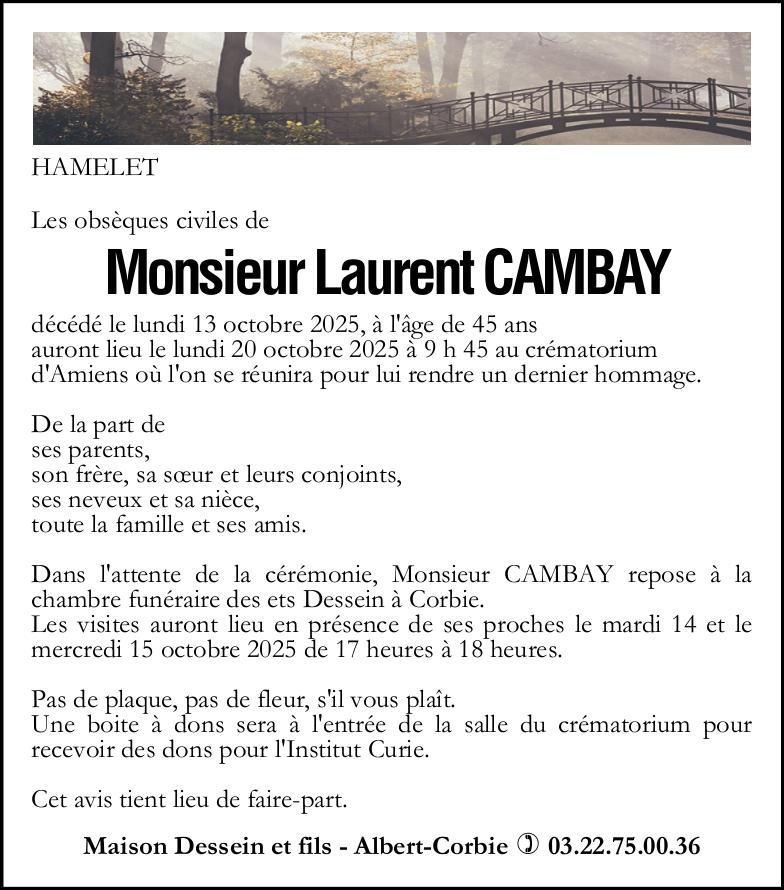 Avis de décès Laurent CAMBRAY