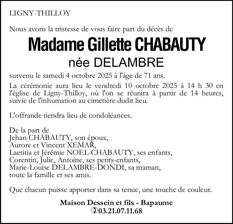 Avis de décès - Madame Gillette CHABAUTY née DELAMBRE