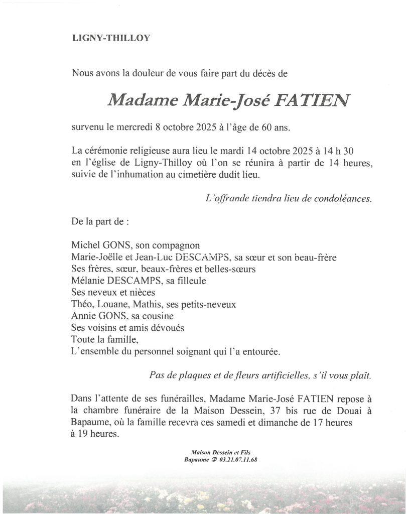 Avis de décès Madame Marie-José FATIEN