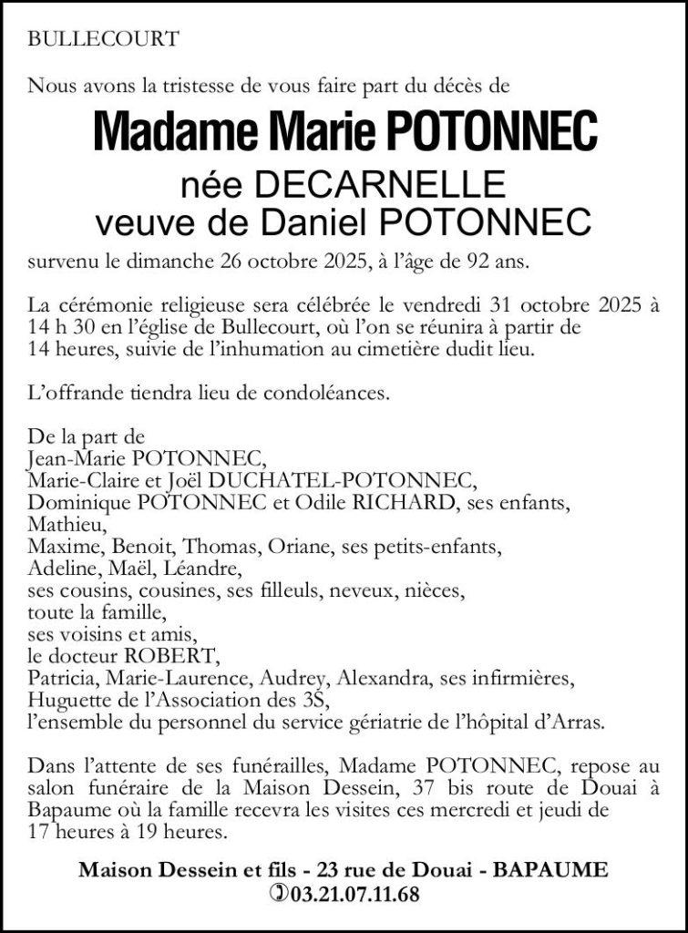 Avis de décès - Madame Marie POTONNEC née DECARNELLE