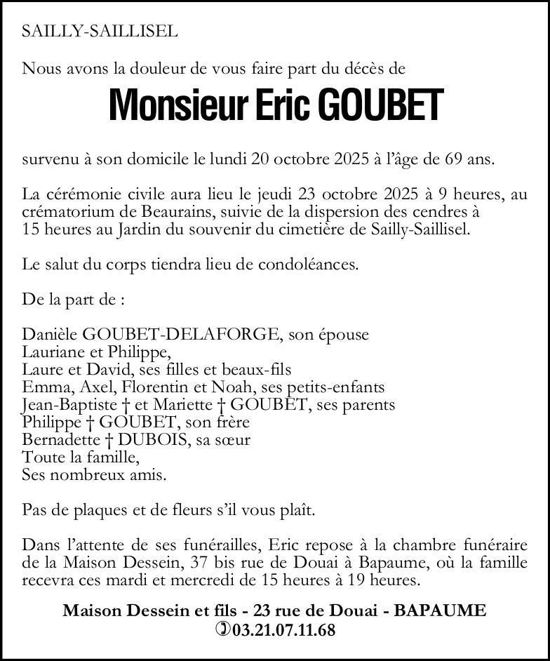 Avis de décès - Monsieur Eric GOUBET