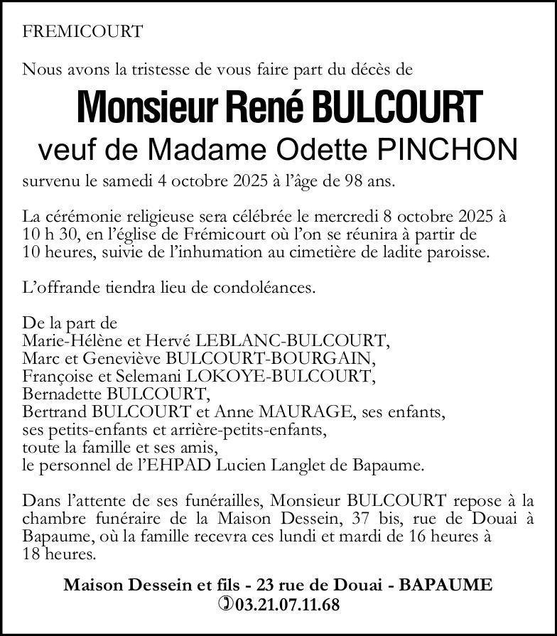Avis de décès - Monsieur René BULCOURT