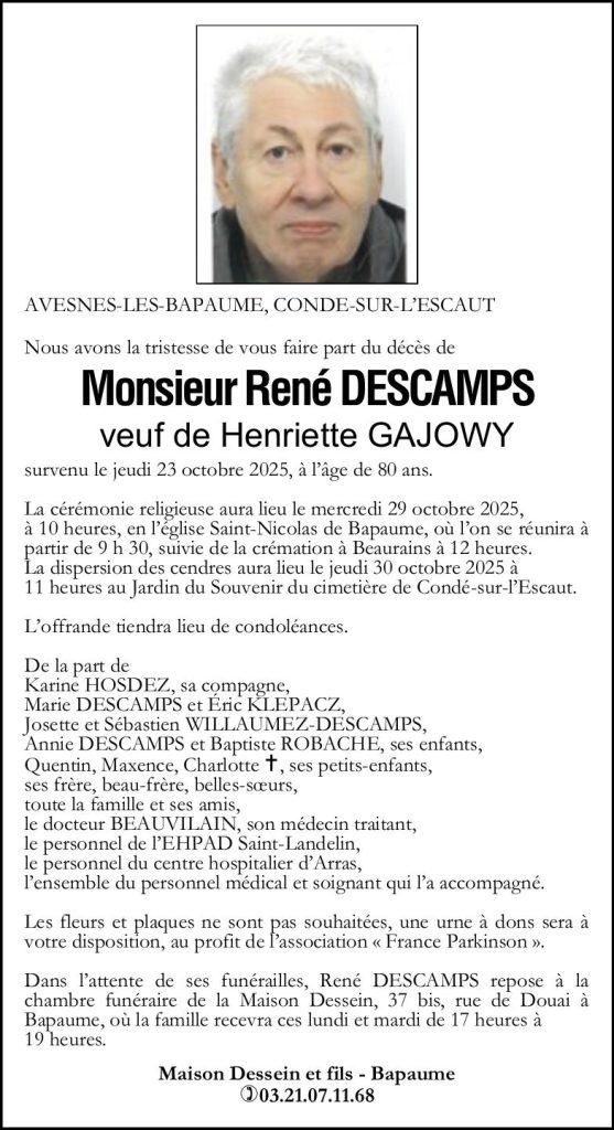 Avis de décès - Monsieur René DESCAMPS