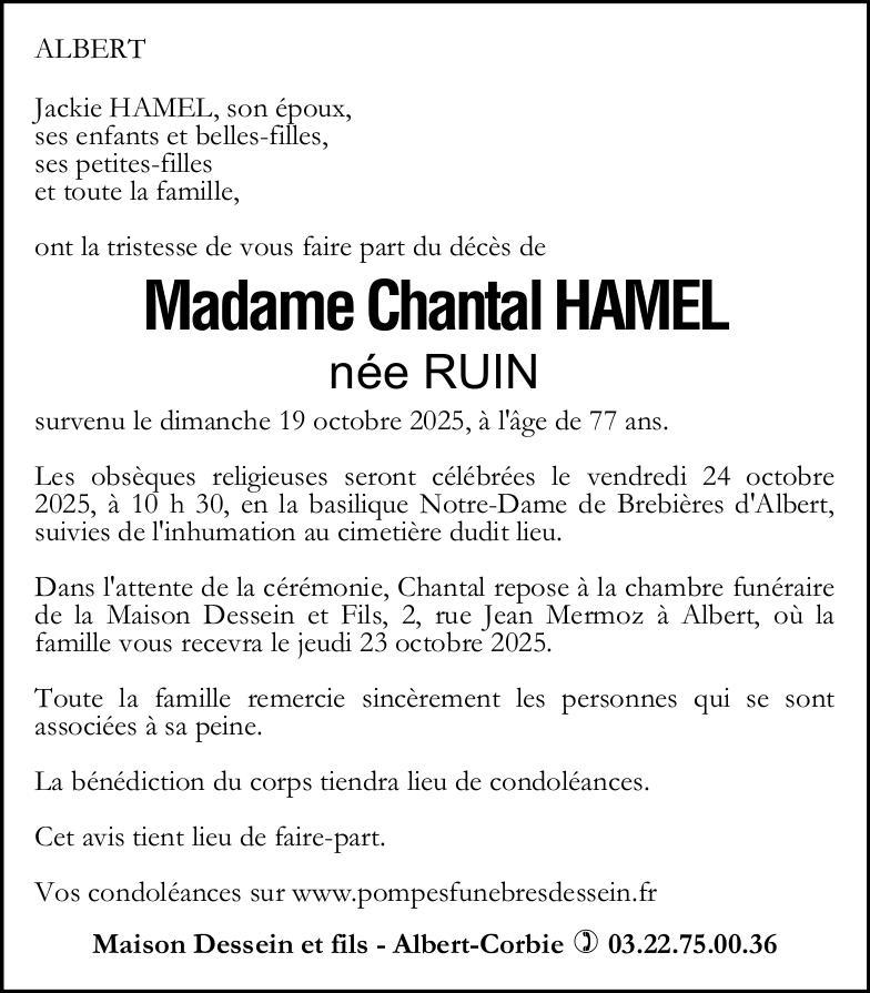 Avis de décès de Madame Chantal HAMEL née RUIN