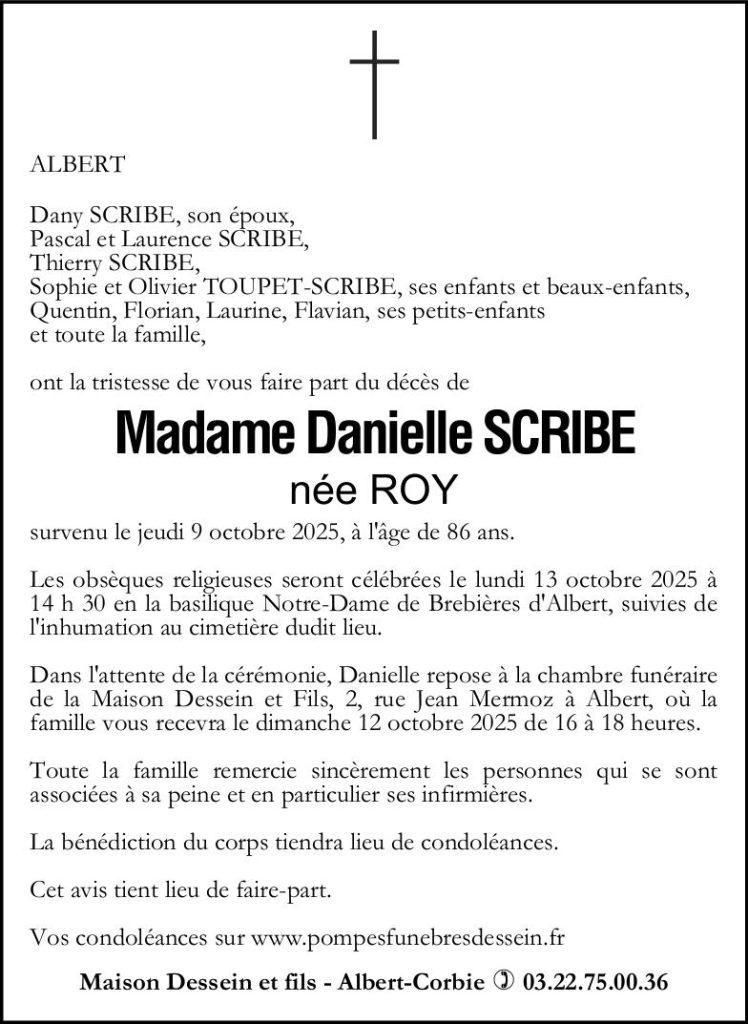 Avis de décès de Madame Danielle SCRIBE née ROY