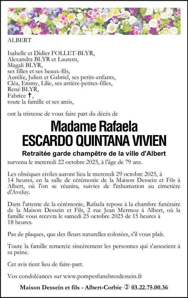 Avis de décès de Madame Rafaela ESCARDO QUINTANA VIVIEN