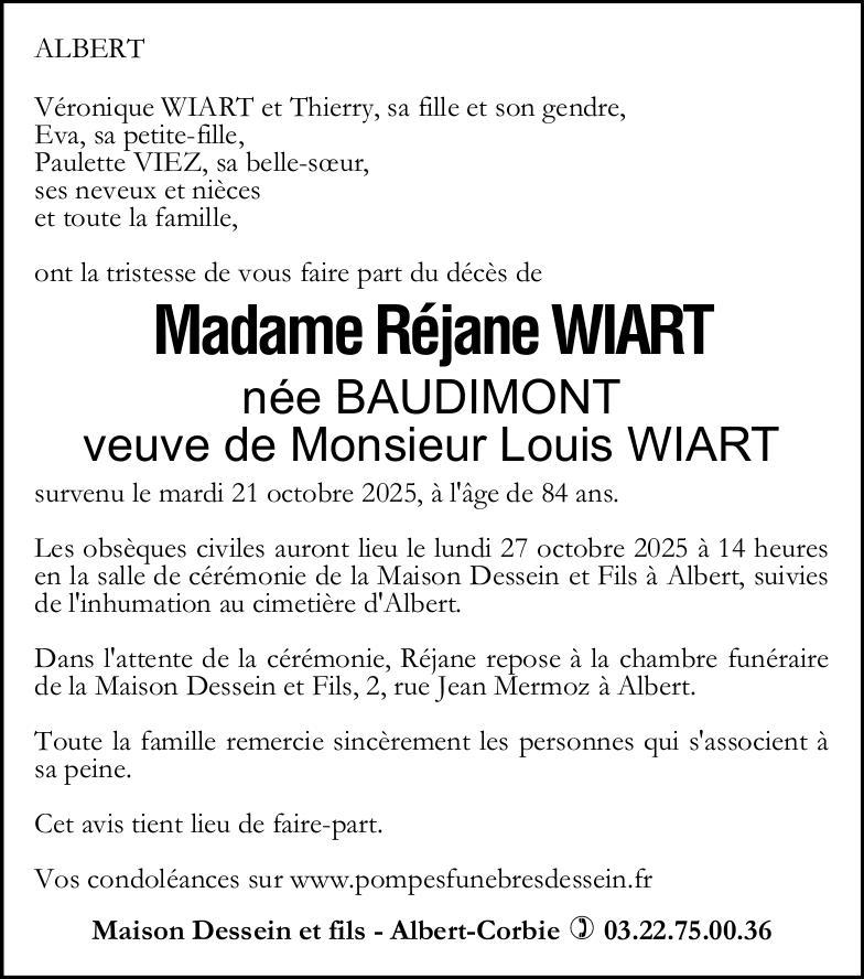 Avis de décès de Madame Réjane WIART née BAUDIMONT