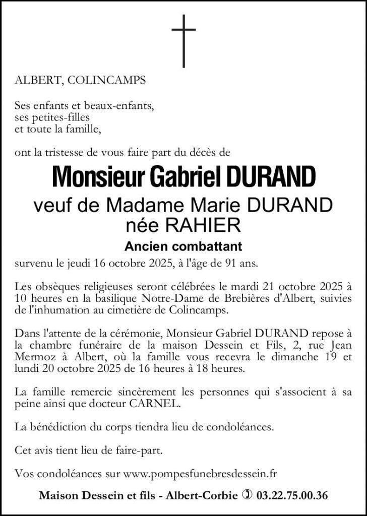 Avis de décès de Monsieur Gabriel DURAND