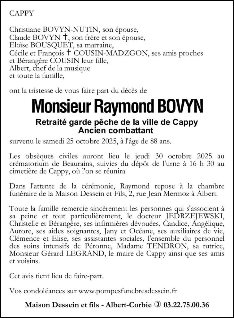 Avis de décès de Monsieur Raymond BOVYN