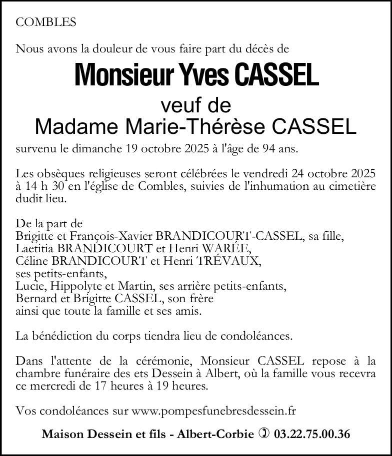 Avis de décès de Monsieur Yves CASSEL