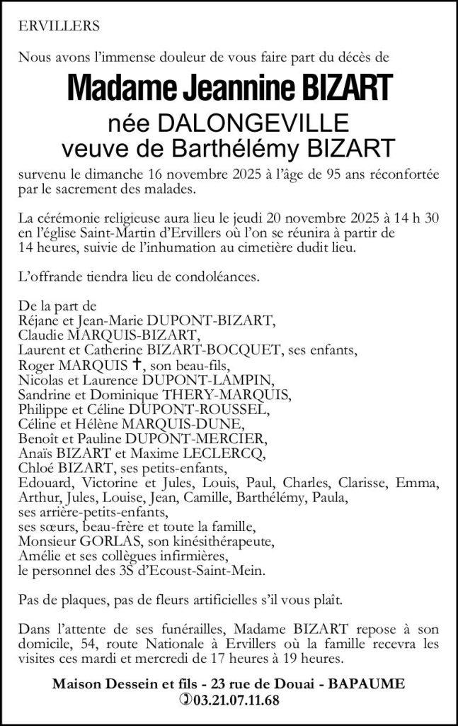 Avis de décès - Madame Jeannine BIZART née DALONGEVILLE